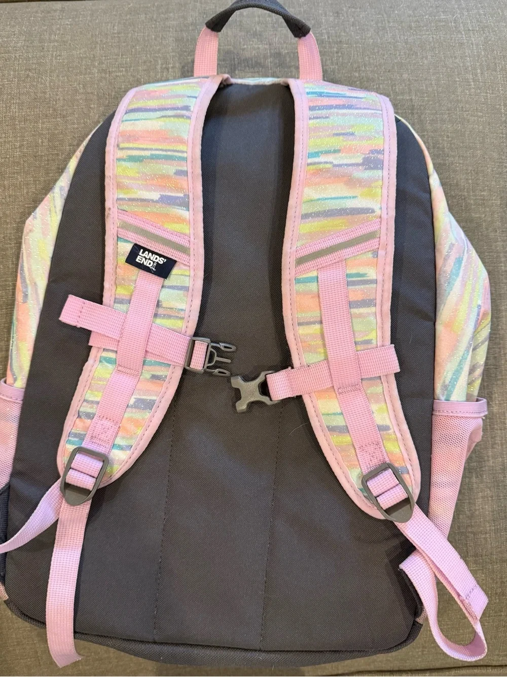 Lands' End Pastel Stripe Kids Backpack & Lunch Bag - Pink, Blue, Yellow, Green